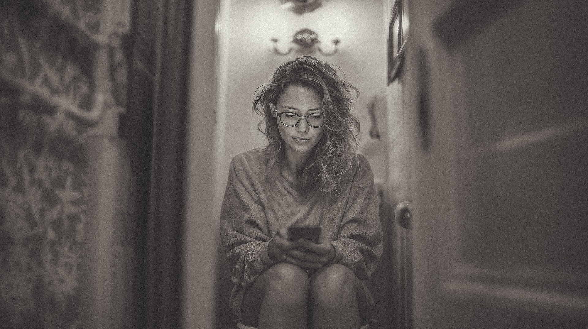woman reading her email in the most intimate of settings